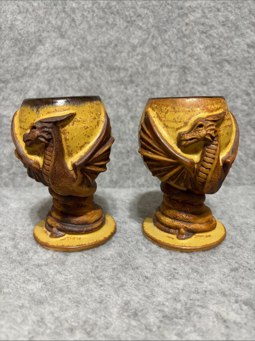 Vintage Ceramic Dragon Goblet  2 Cups Fantasy Medieval Chalice Brown Art Pottery